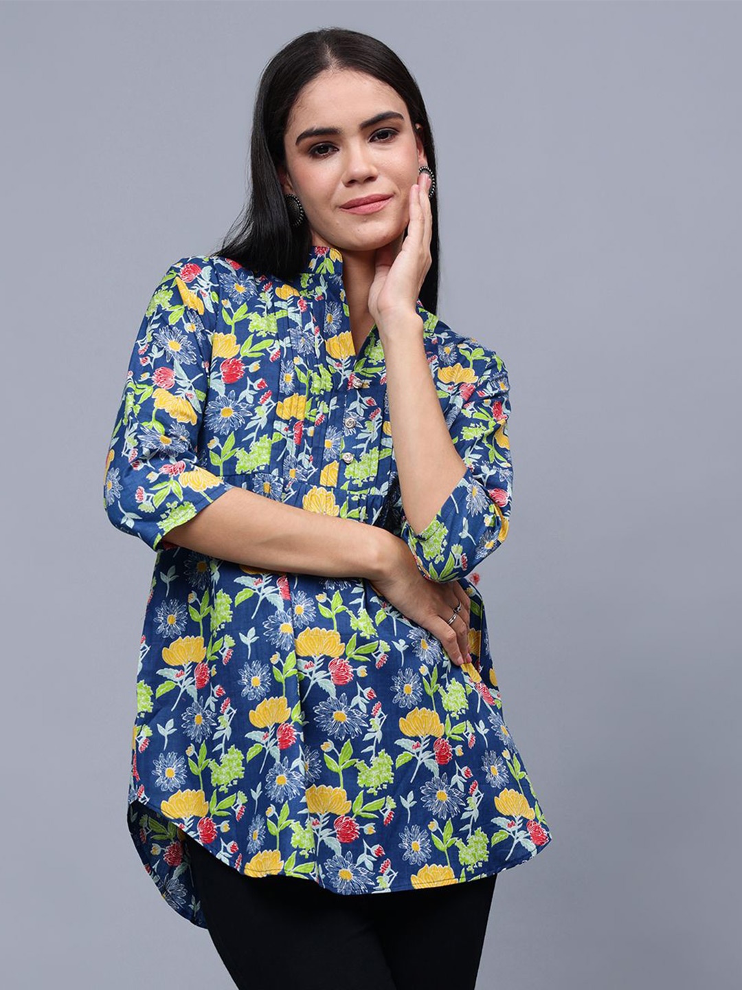 

Frolic Rolic Floral Print Cotton Mandarin Neck Top, Blue