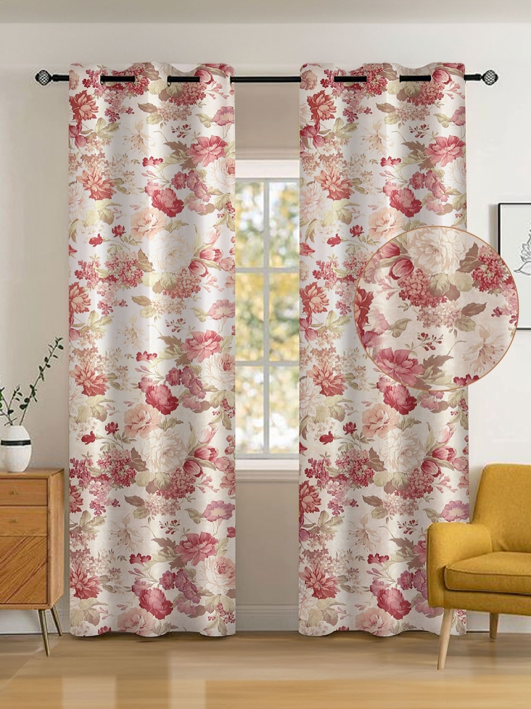 

Tesmare Off White & Rose Floral Satin Long Door Curtain