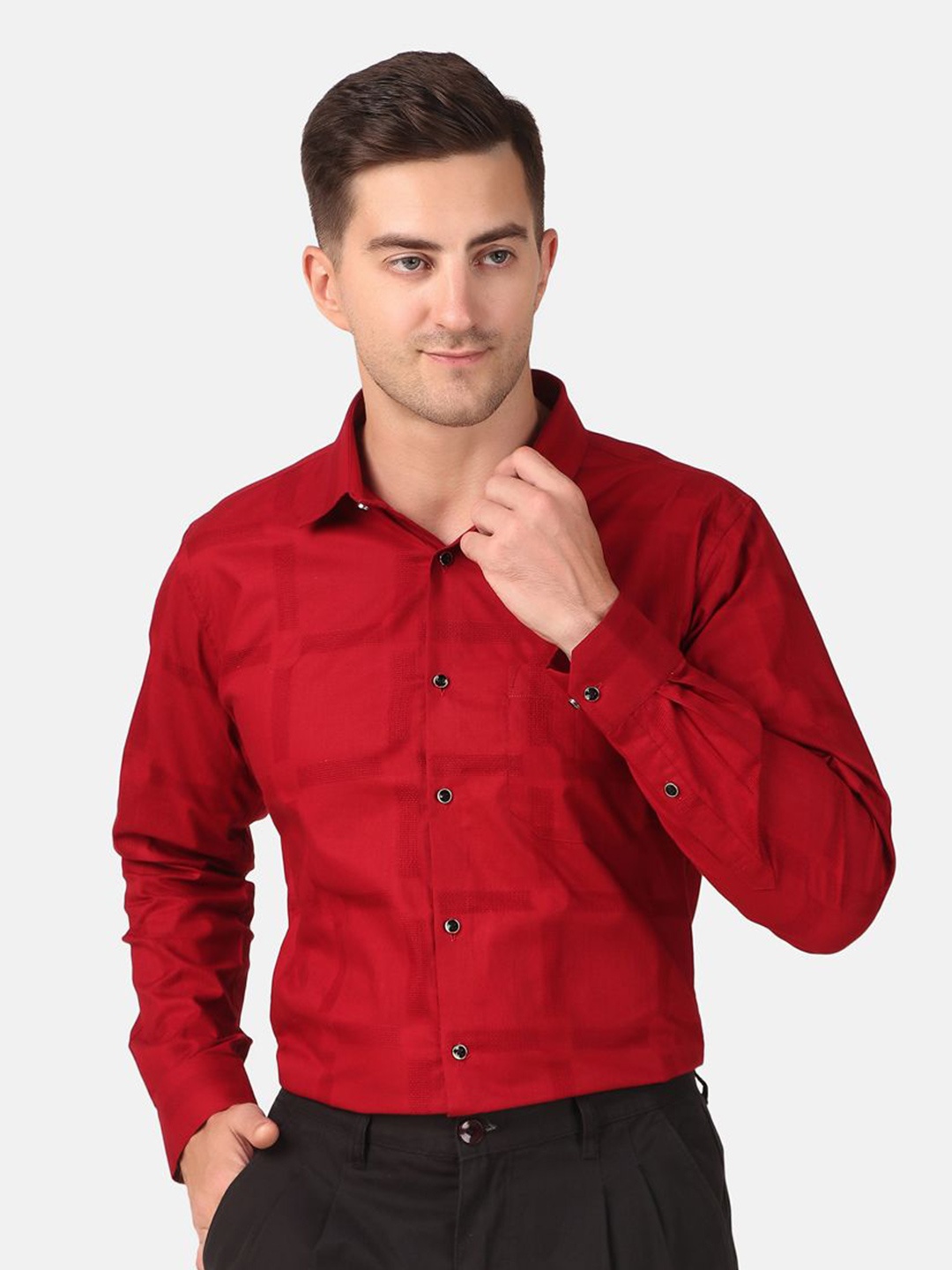 

DESIGN UP Men Classic Spread Collar Checked Cotton Slim Fit Casual Shirt, Red