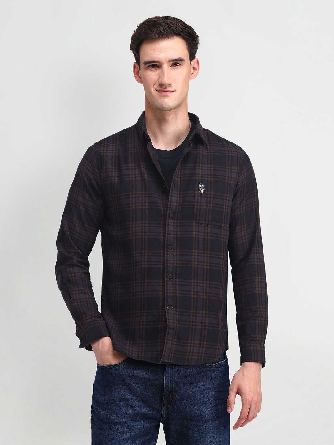 

U.S. Polo Assn. Denim Co. Men Comfort Tartan Checked Cotton Slim Fit Casual Shirt, Brown