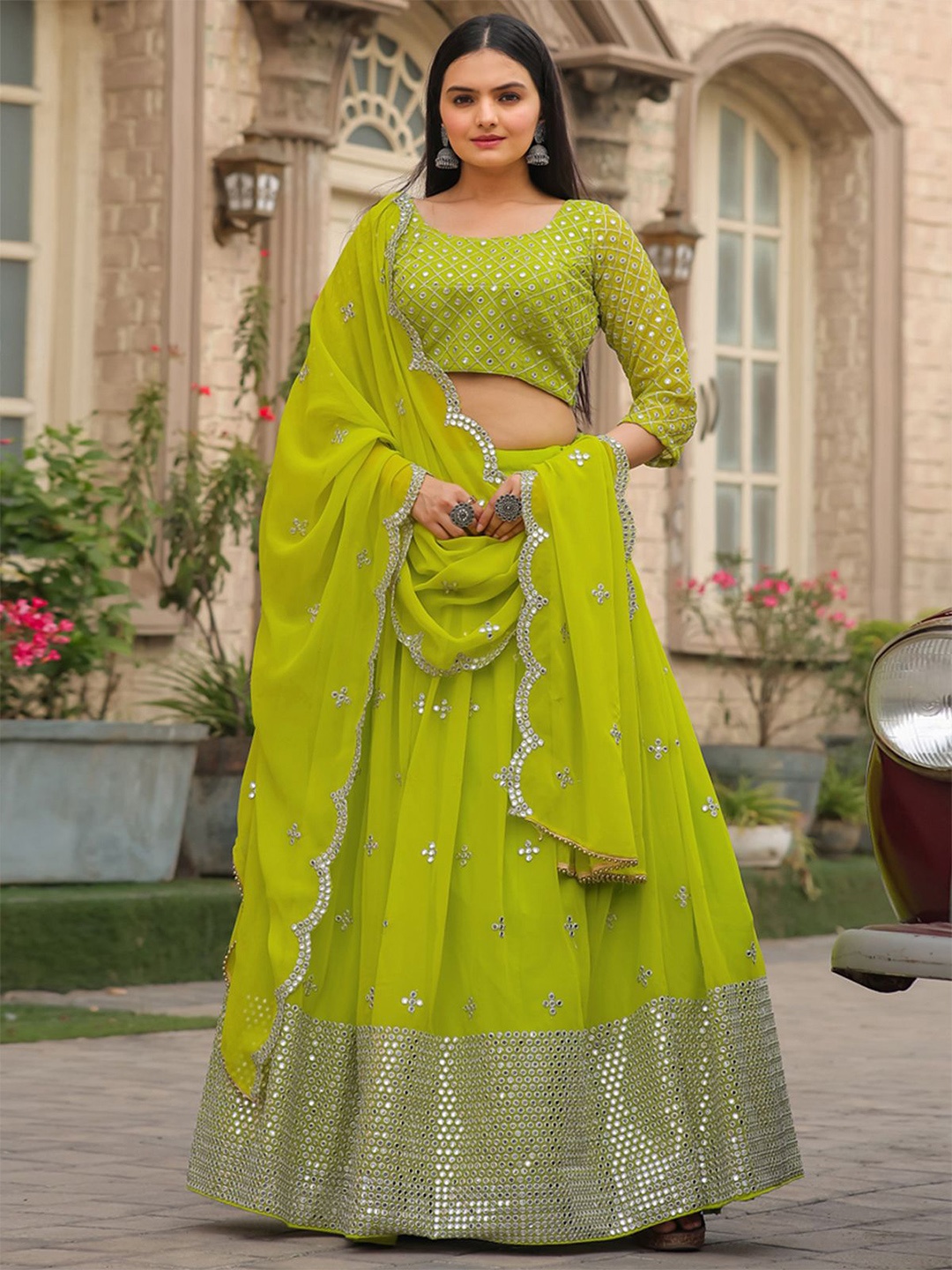 

ODETTE Embellished Mirror Work Semi-Stitched Lehenga & Unstitched Blouse With Dupatta, Green