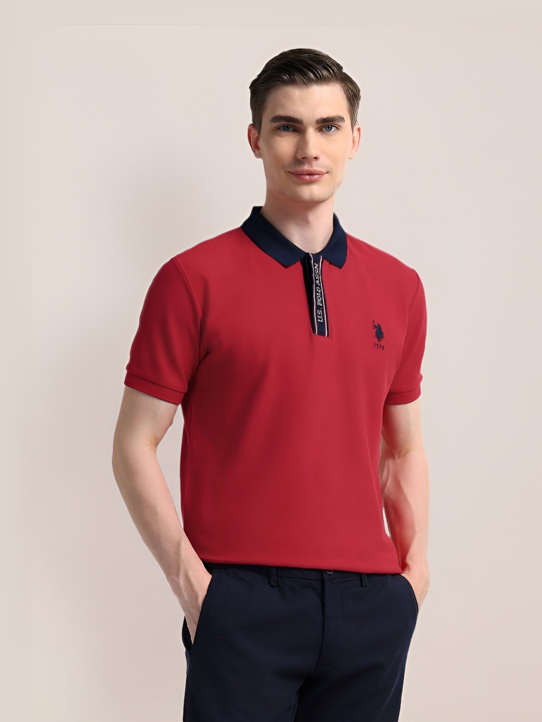 

U.S. Polo Assn. Men Solid Polo Collar Cotton Slim Fit T-Shirt, Red