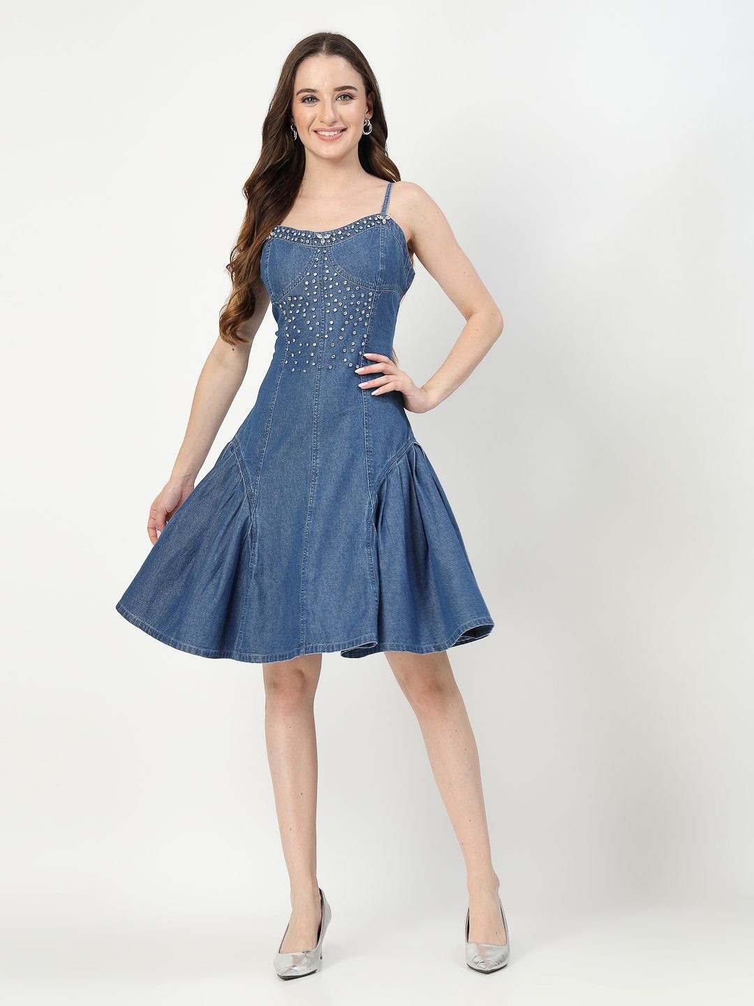 

COSMIC TRIO Embellished Denim Fit and Flare Dress, Blue