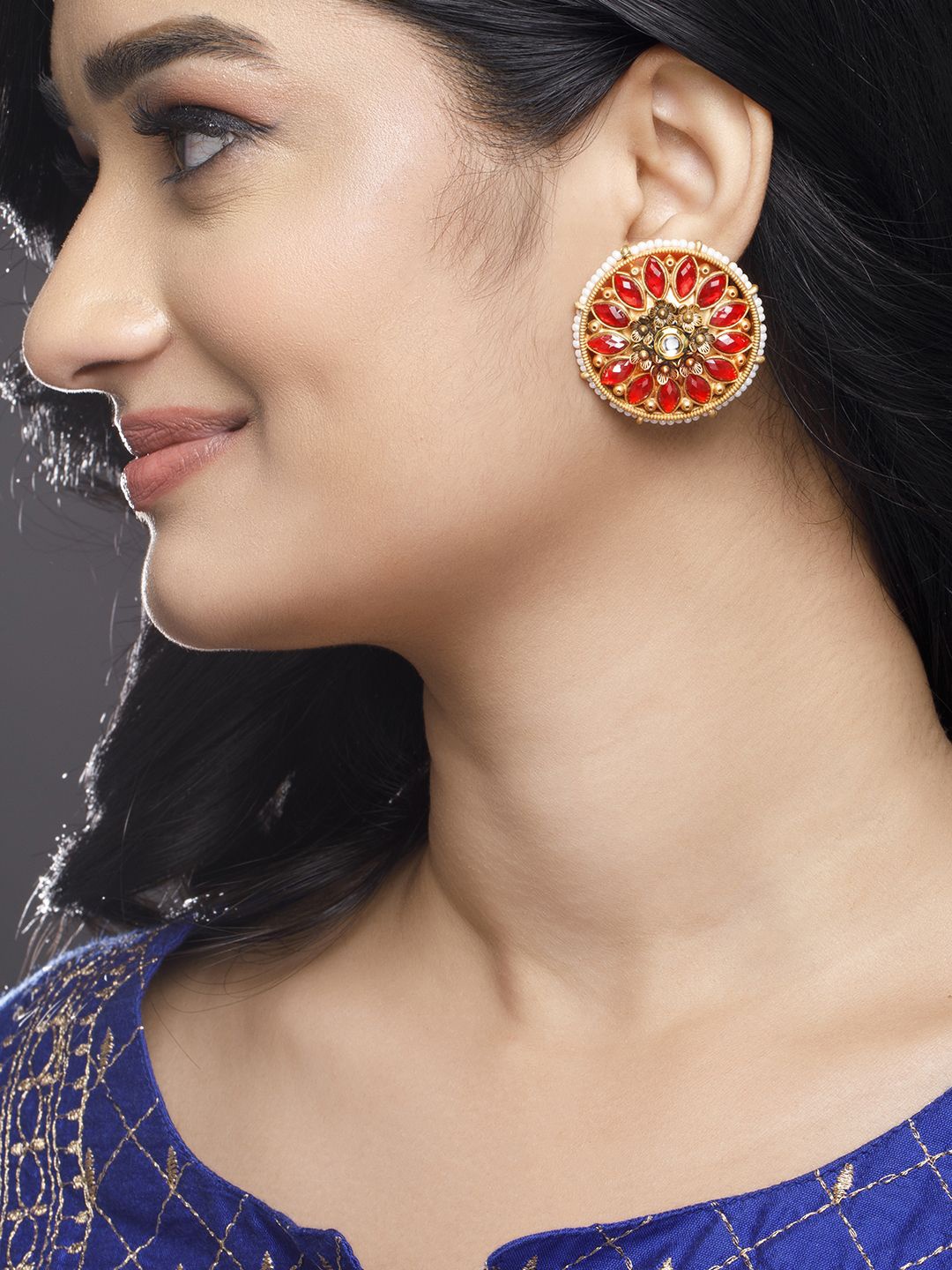 

Rubans 22K Gold-Plated Red Stone-Studded Round Earrings with Floral Motif and Pearl Accent