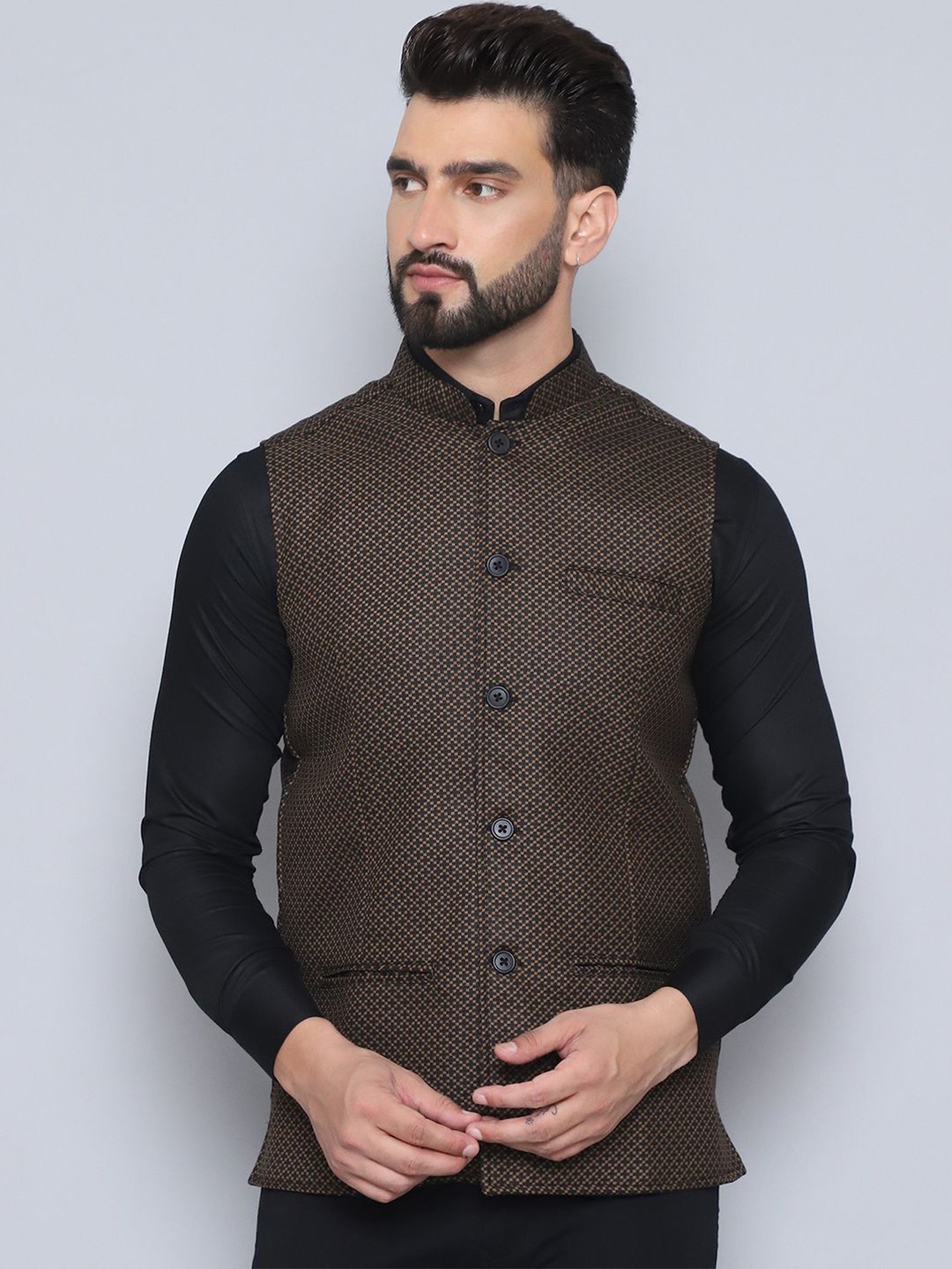 

even Printed Woven Nehru Jacket, Beige