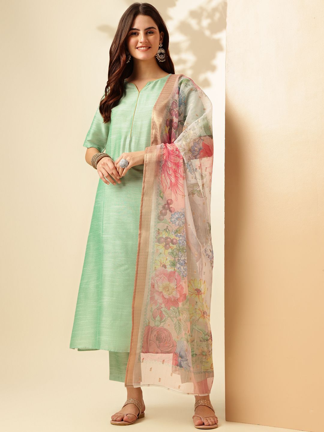 

Anouk V-Neck Straight Kurta with Trousers & Dupatta, Sea green