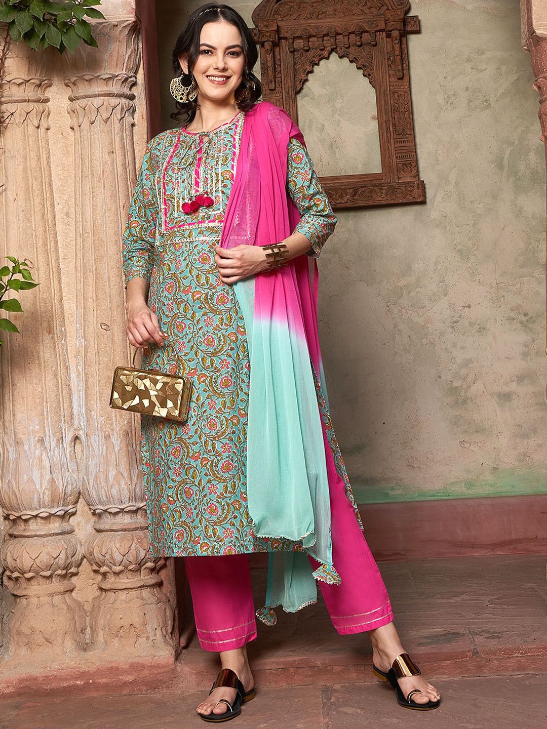 

BANDIA Floral Printed Gotta Patti Pure Cotton Straight Kurta & Trousers & Dupatta, Turquoise blue