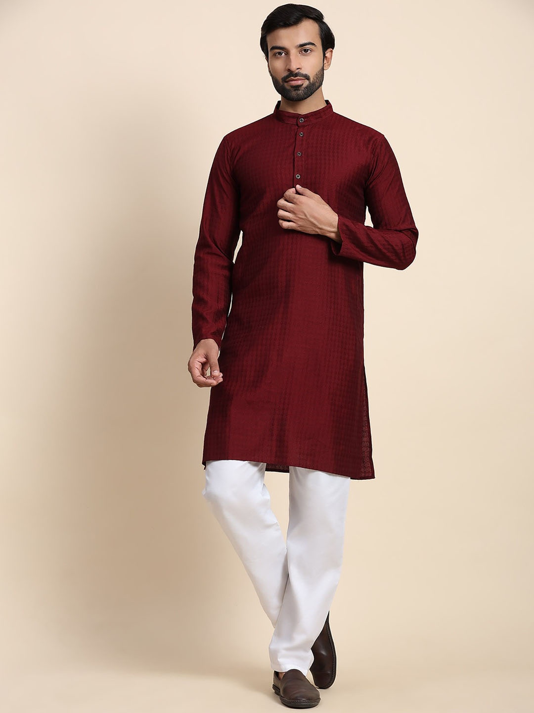 

Rawayi Ethnic Motifs Woven Design Mandarin Collar Pure Cotton Straight Kurta, Maroon