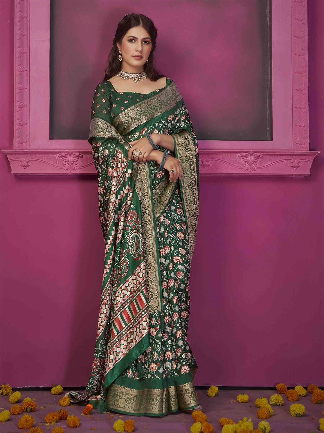 

Ethnielle Floral Zari Woven Design Saree, Green