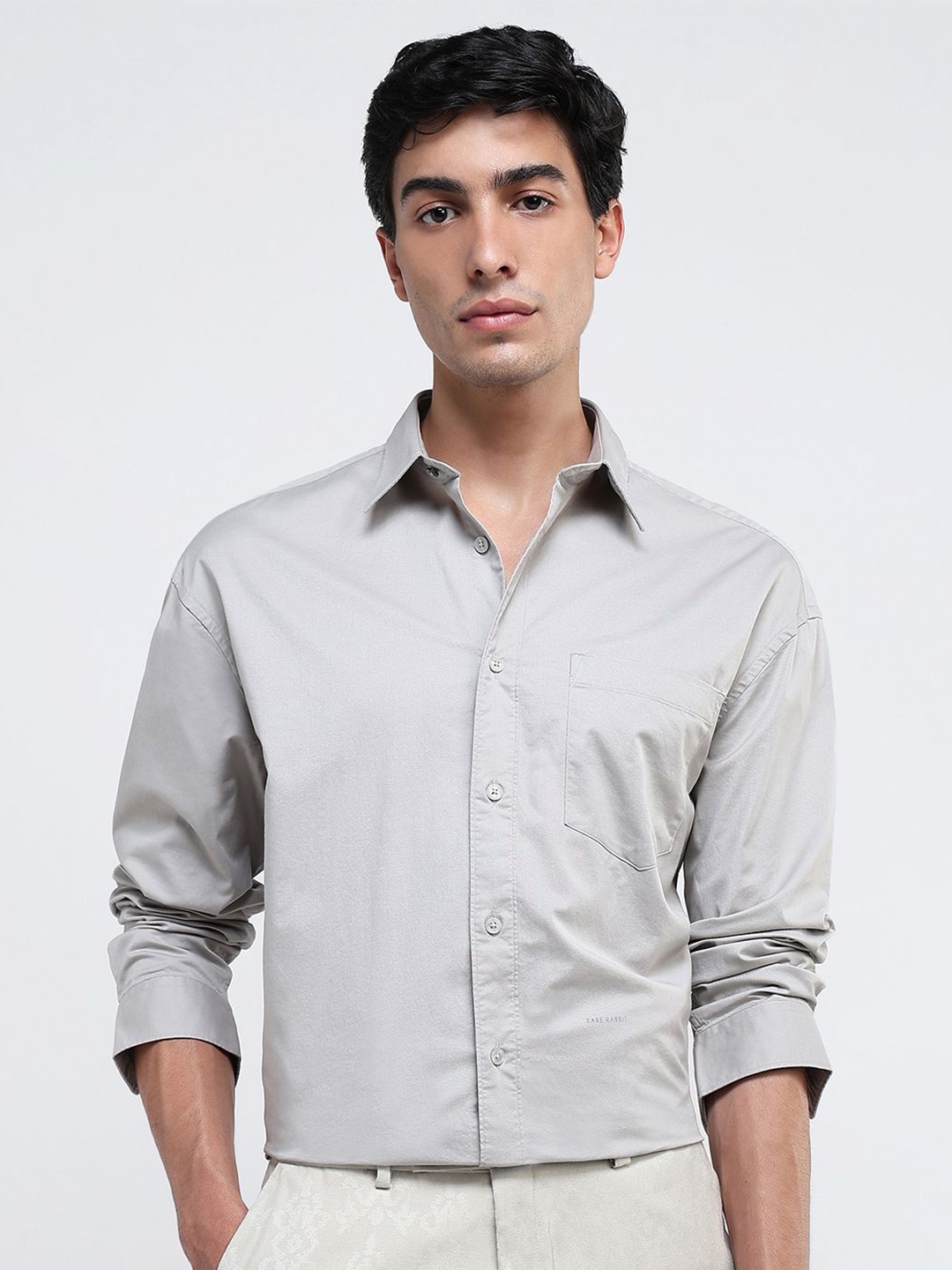 

RARE RABBIT Men Comfort Spread Collar Solid Cotton Casual Shirt, Grey