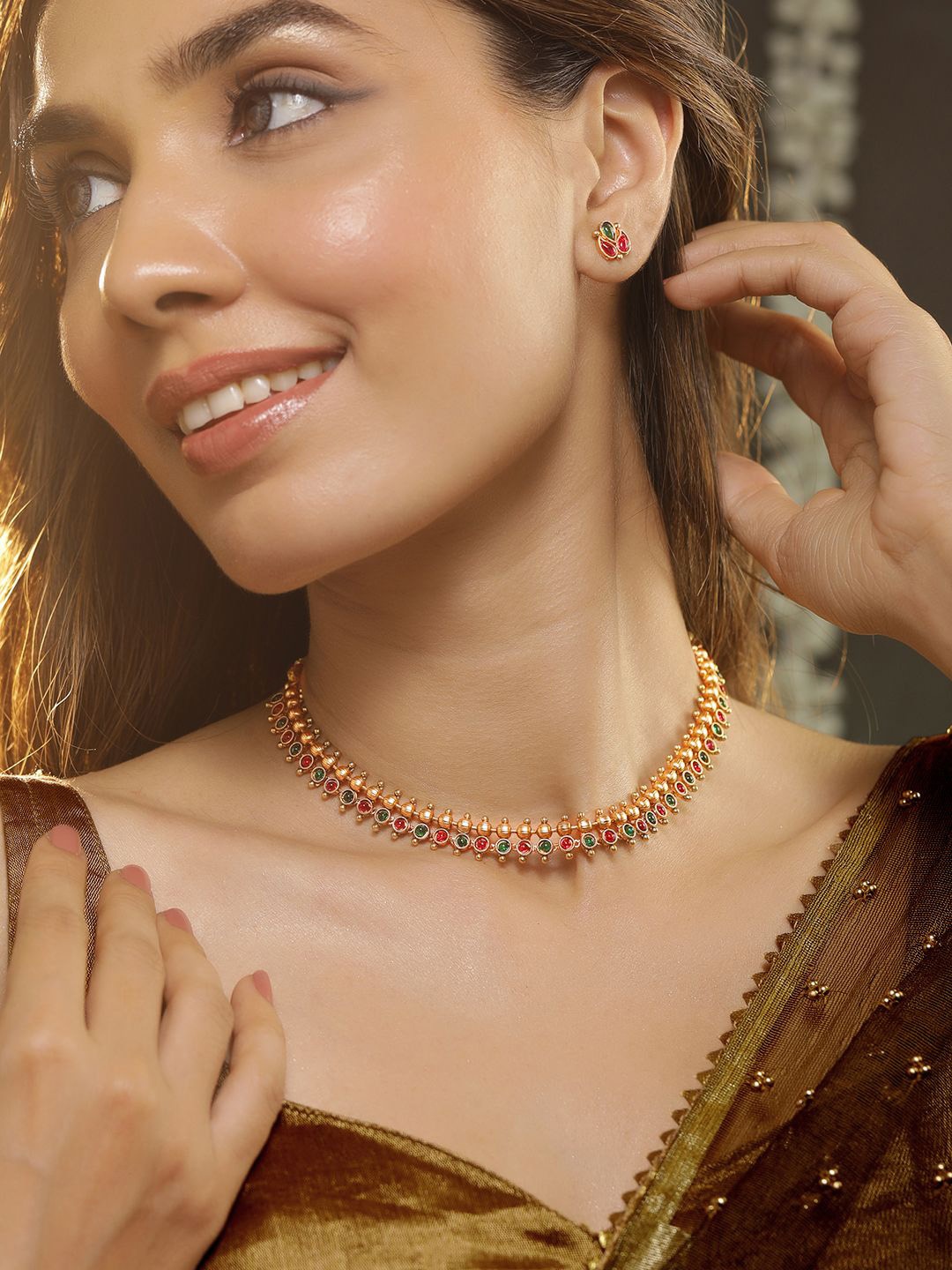 

Rubans 22kT Gold-Plated Ruby & Emerald Stone Studded Jewellery Set