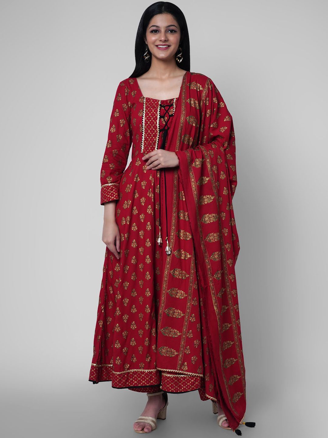 

NYPA Ethnic Motifs Printed Square Neck Gotta Patti Anarkali Kurta With Trousers & Dupatta, Red