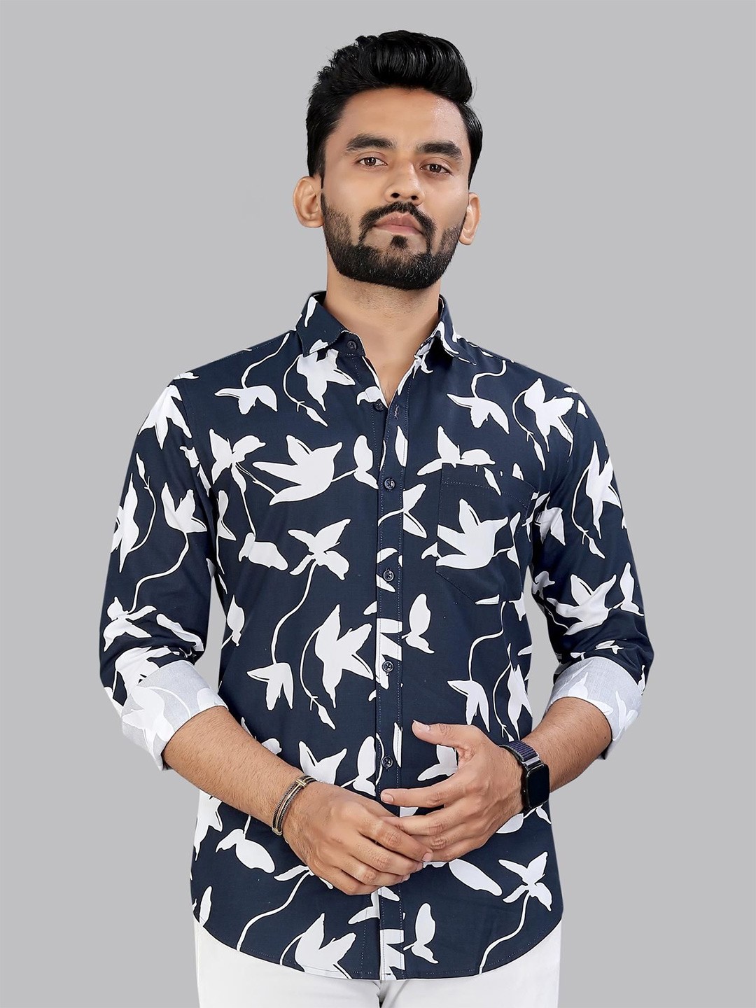 

ADWYN PETER Men Classic Spread Collar Abstract Printed Cotton Casual Shirt, Navy blue
