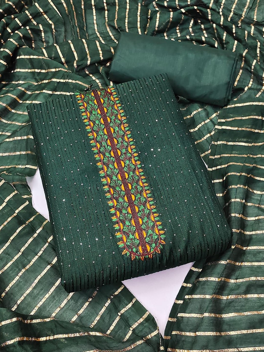 

LADY SHOPI Striped Embroidered Sequinned Unstitched Dress Material, Green
