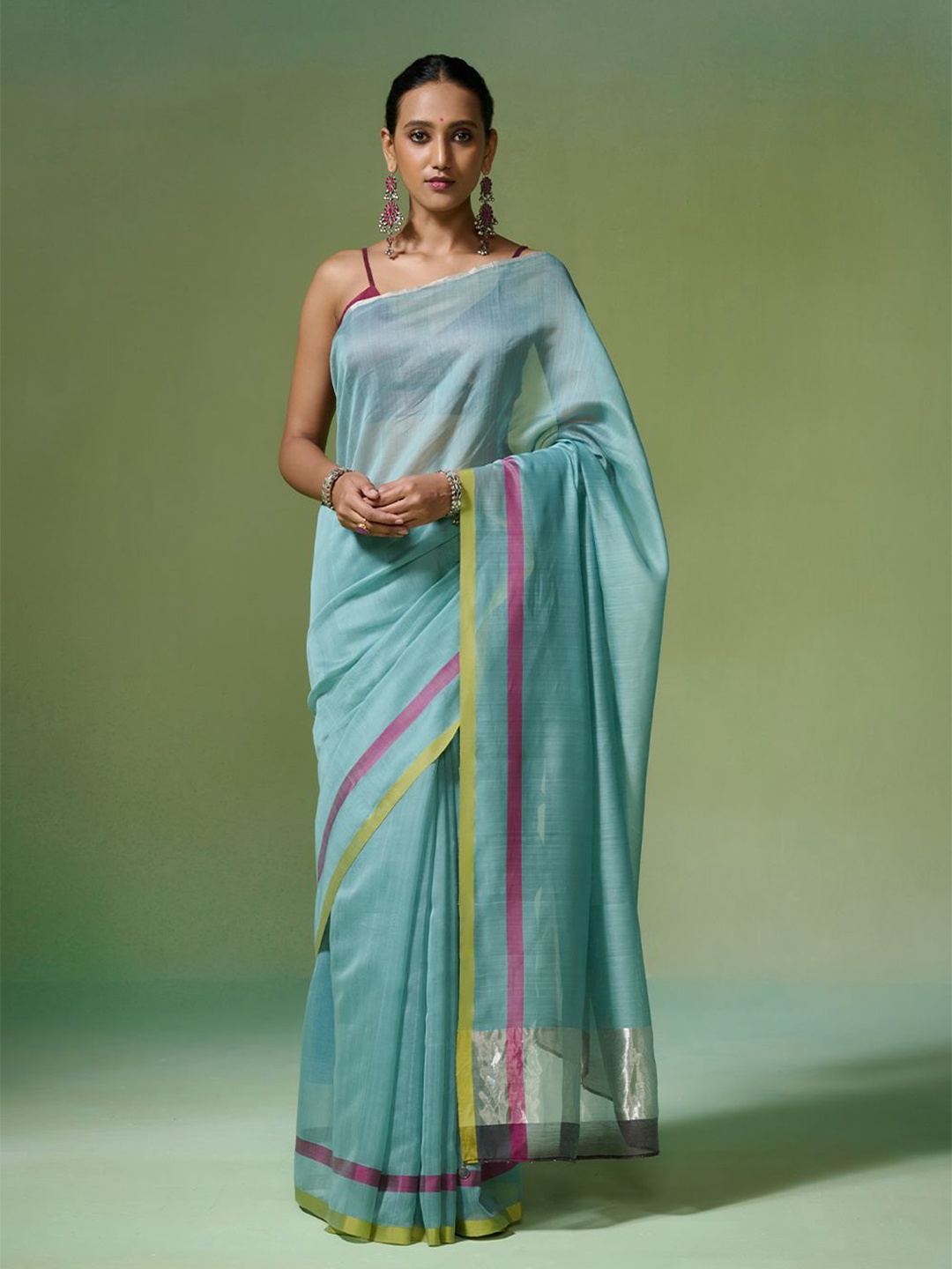 

Dressfolk Chanderi Saree with Blouse Piece, Blue