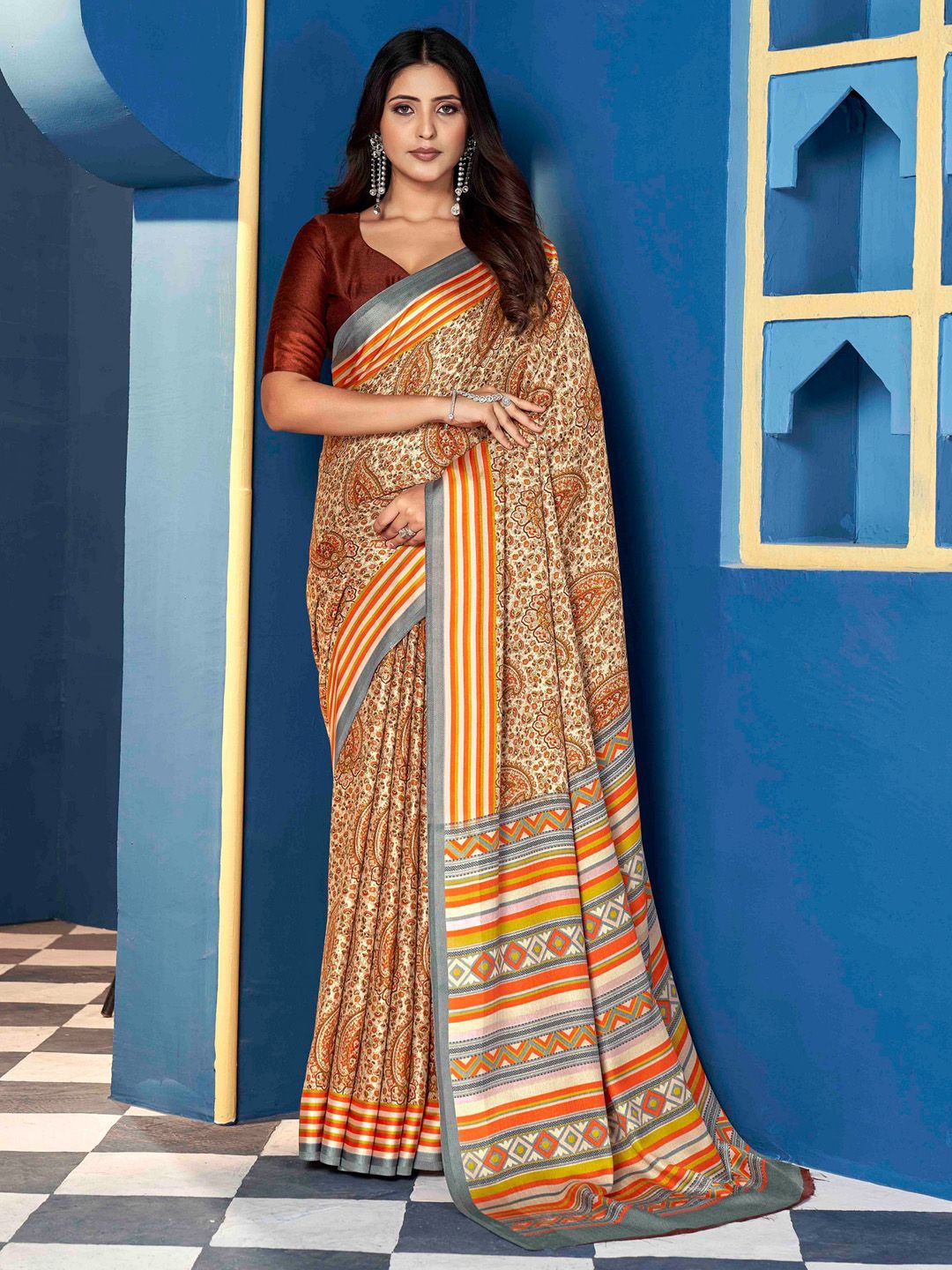 

Saree mall Paisley Dabu Sarees, Beige