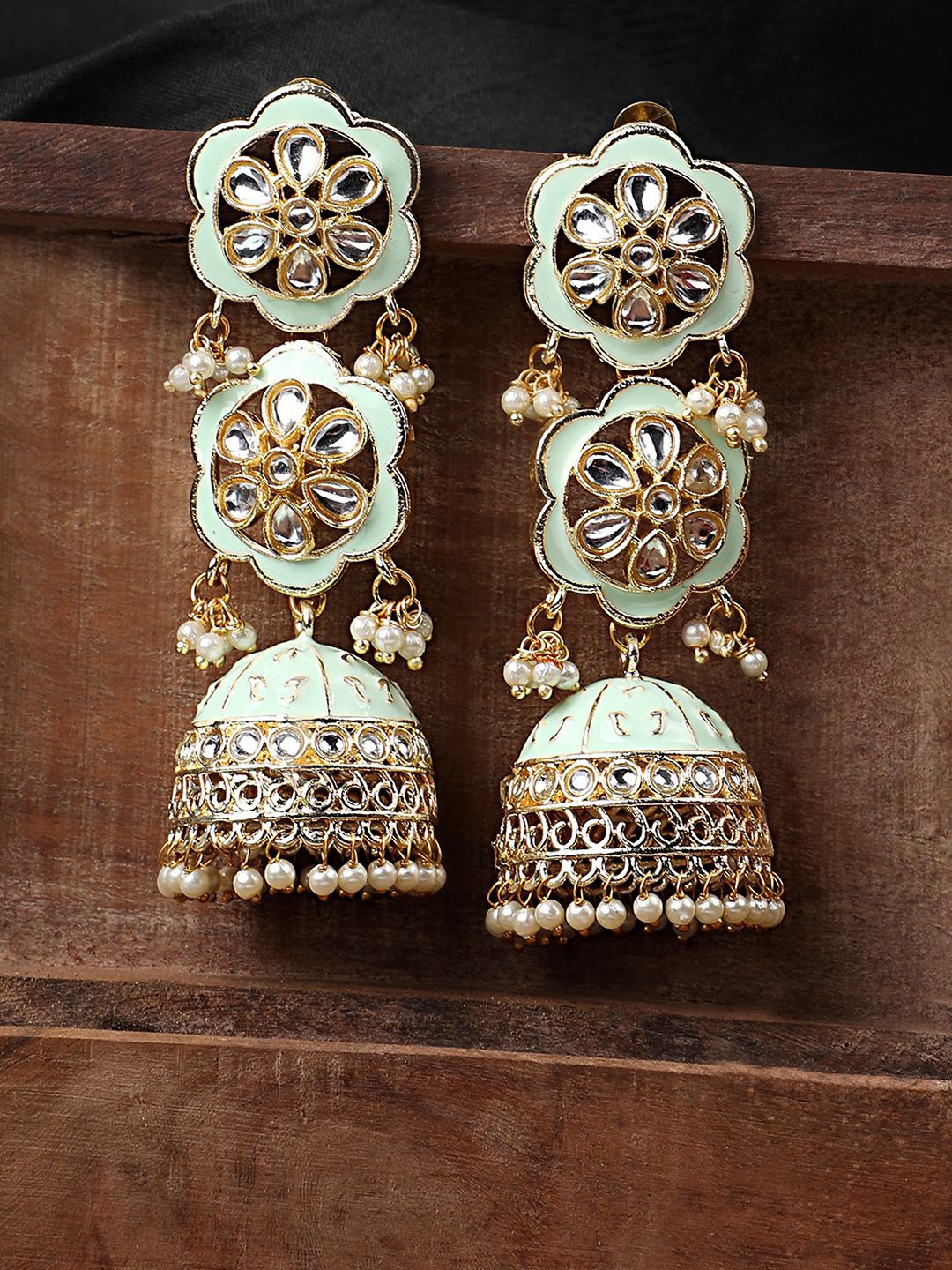 

MODE MANIA Gold-Plated Kundan Studded & Beaded Dome Shaped Jhumkas