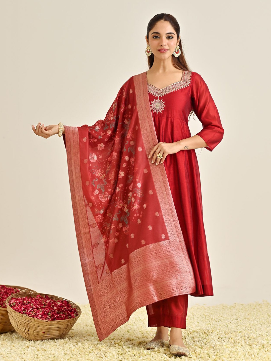 

Rustorange Ethnic Motifs Yoke Design Thread Work Anarkali Kurta With Trousers & Dupatta, Red