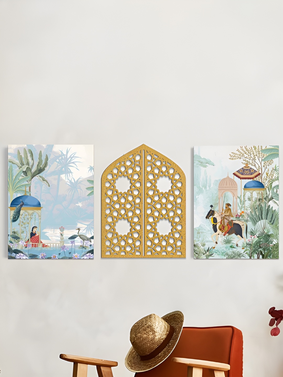 

Art Street Set of 3 Mughal Garden & Peacock Canvas Paintings, Blue