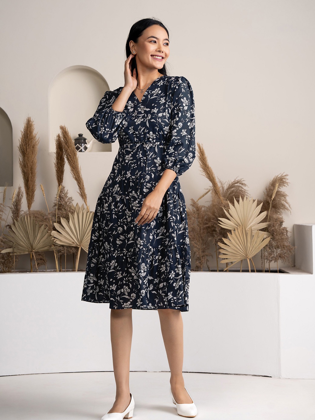 

DressBerry Floral Printed Crepe Fit & Flare Midi Dress, Blue