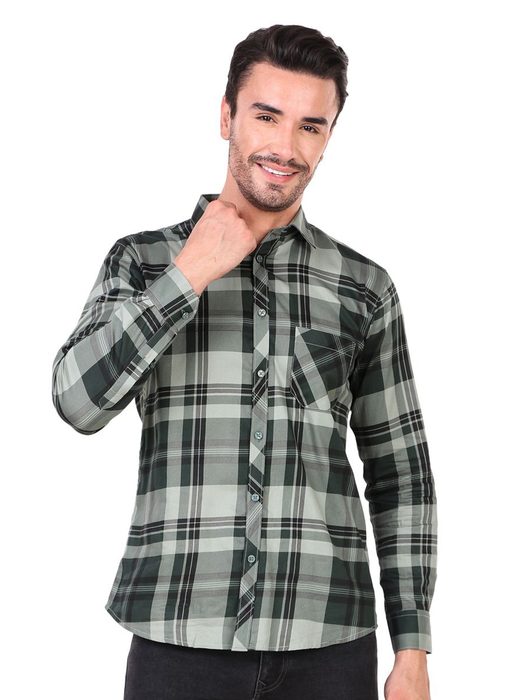 

DESIGN UP Men Classic Spread Collar Tartan Checked Cotton Slim Fit Casual Shirt, Green