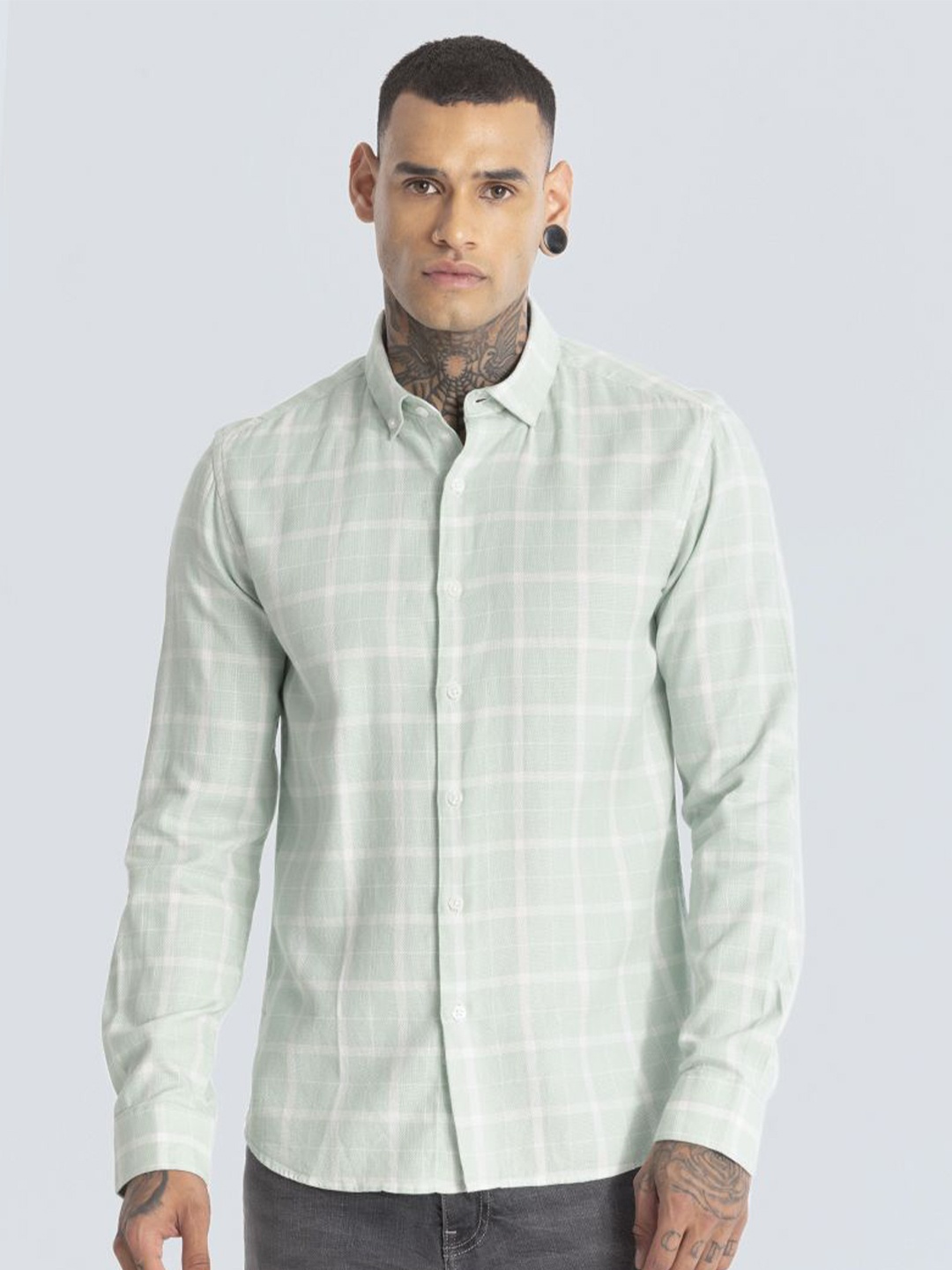 

Snitch Men Smart Button-Down Collar Tartan Checked Cotton Slim Fit Casual Shirt, Green