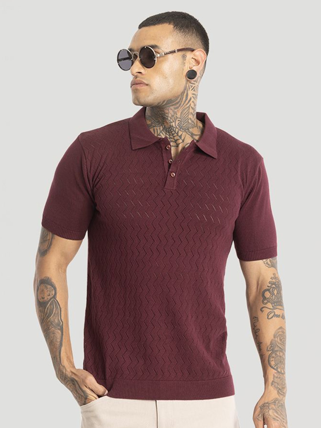 

Snitch Men Self Design Polo Collar Cotton Slim Fit T-Shirt, Maroon