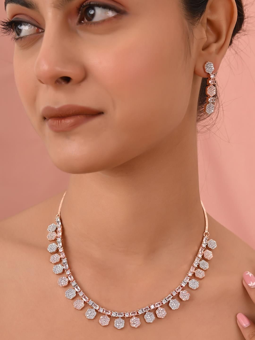 

RATNAVALI JEWELS Rose Gold-Plated Cubic Zirconia Studded Jewellery Set