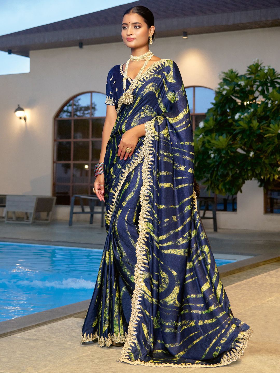 

Saree mall Abstract Printed Sequinned Sarees, Navy blue