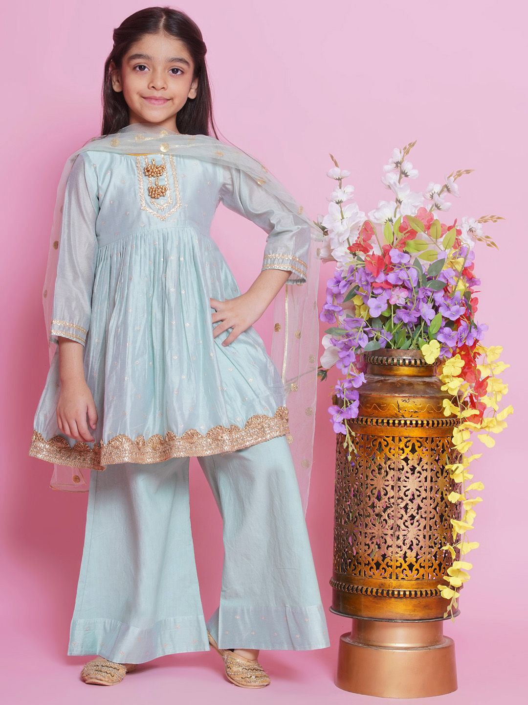 

Little Bansi Girls Woven Design Beads and Stones Cotton Silk Kurta with Palazzos & Dupatta, Green