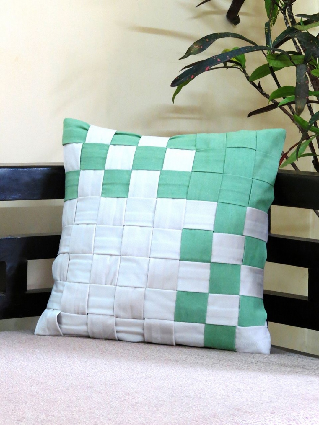 

Mid July Home Off White & Green Checked Velvet Square Cushion Cover