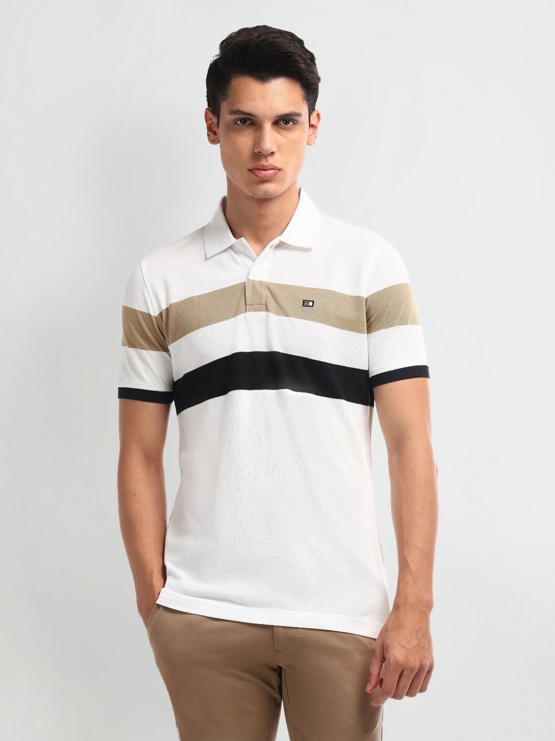 

Arrow Sport Men Striped Polo Collar Cotton T-Shirt, White