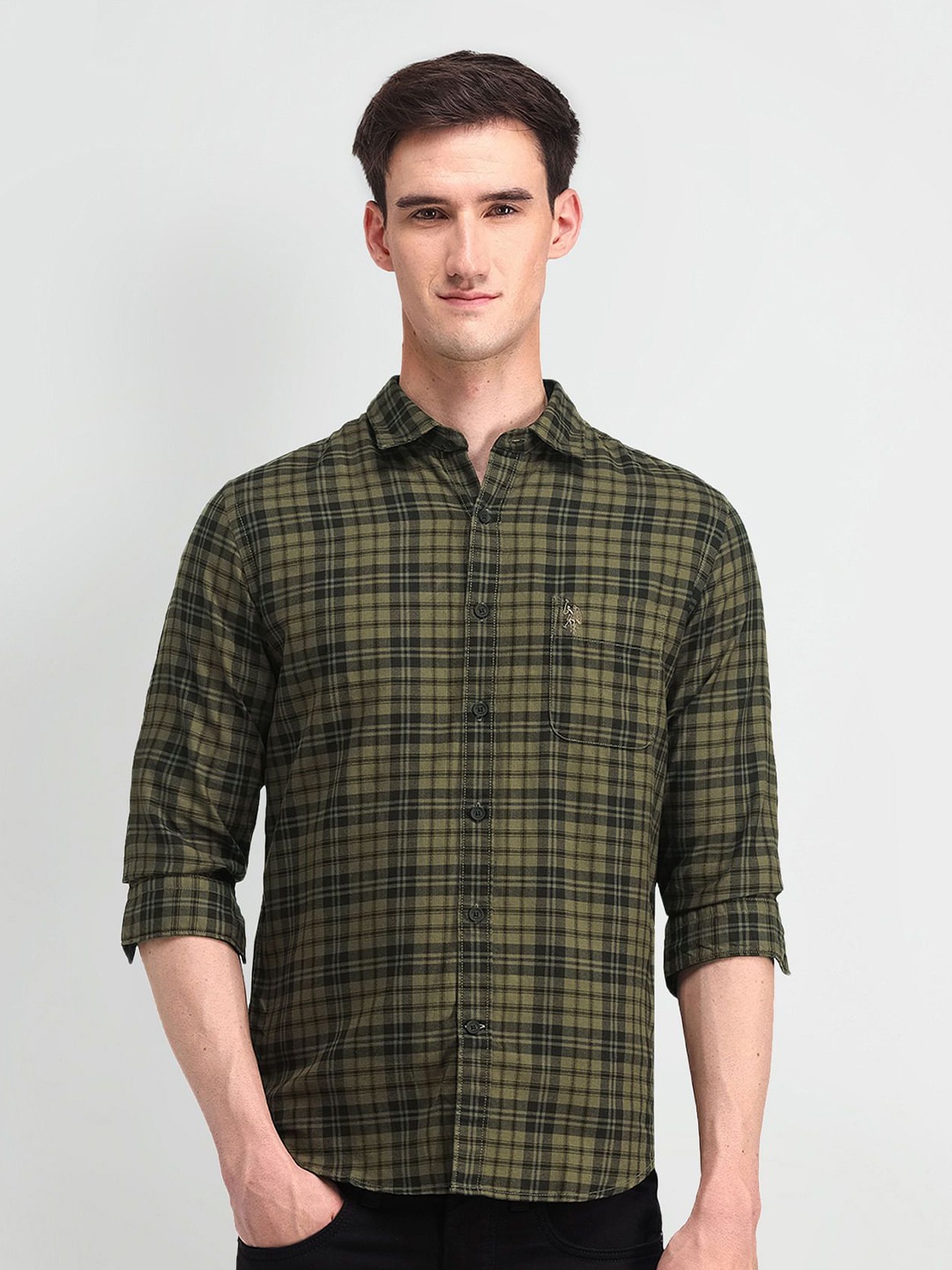 

U.S. Polo Assn. Denim Co. Men Comfort Tartan Checked Cotton Slim Fit Casual Shirt, Green