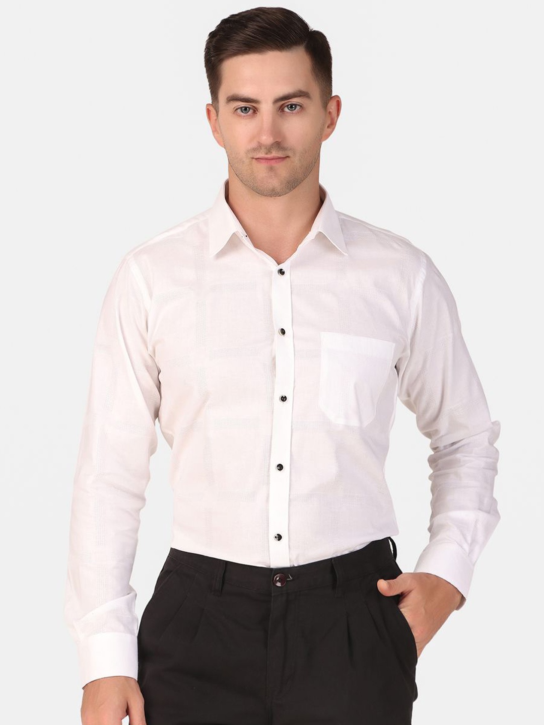 

DESIGN UP Men Classic Spread Collar Checked Cotton Slim Fit Casual Shirt, White