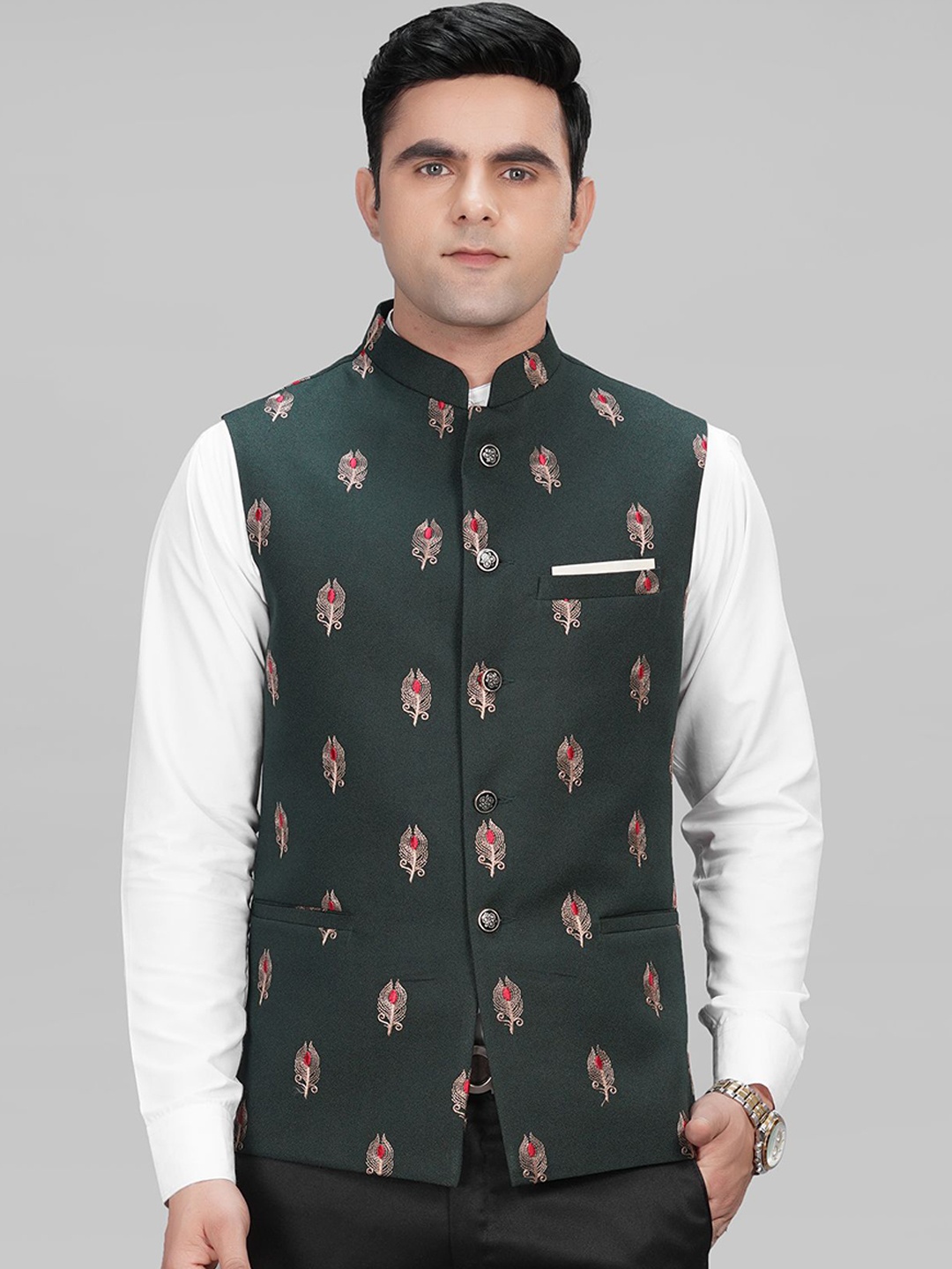 

LA'SCOOT Floral Printed Stand Collar Nehru Jacket, Green