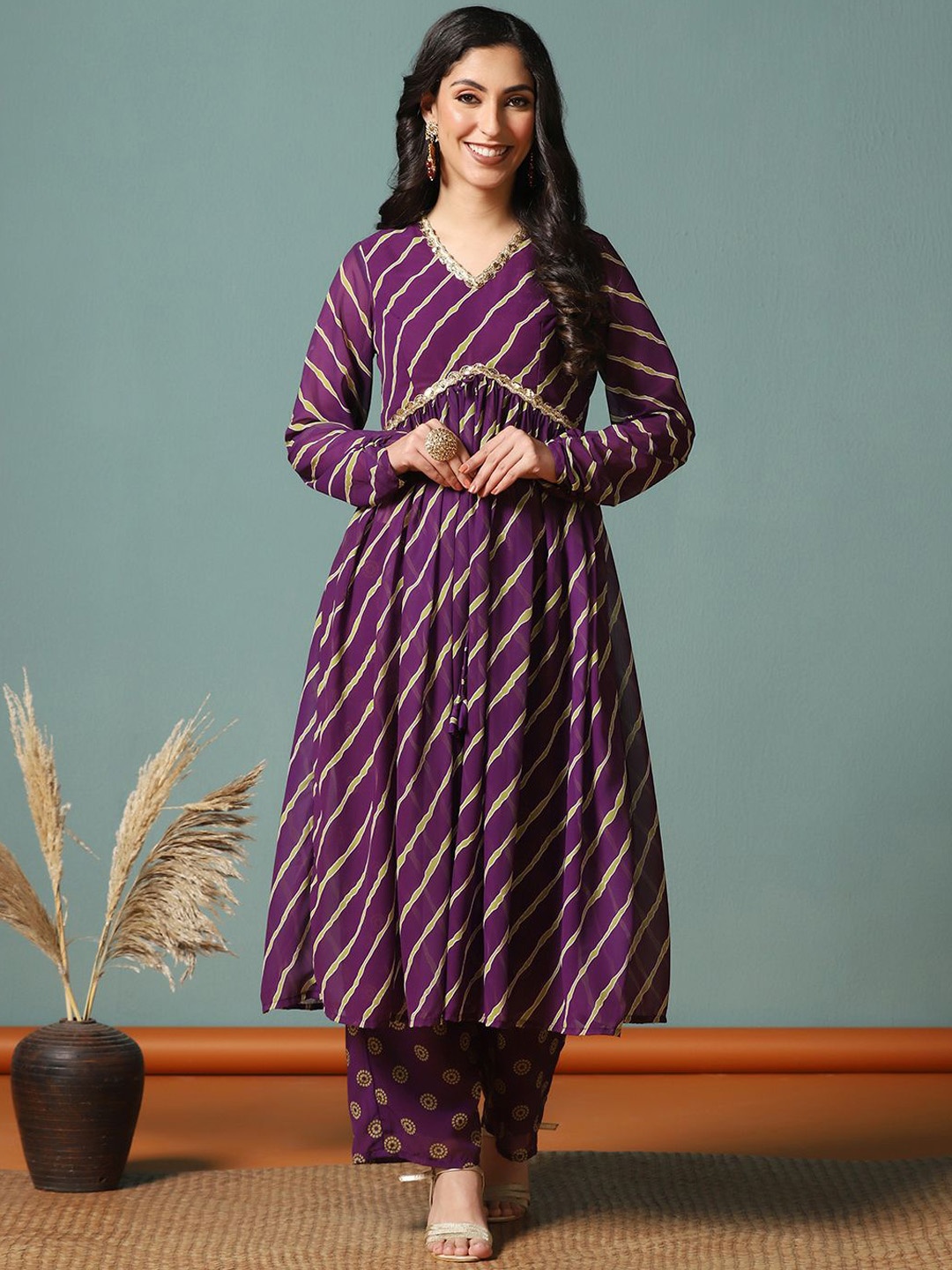 

BAESD Leheriya Printed Empire Georgette Gotta Patti Anarkali Kurta with Palazzos, Purple