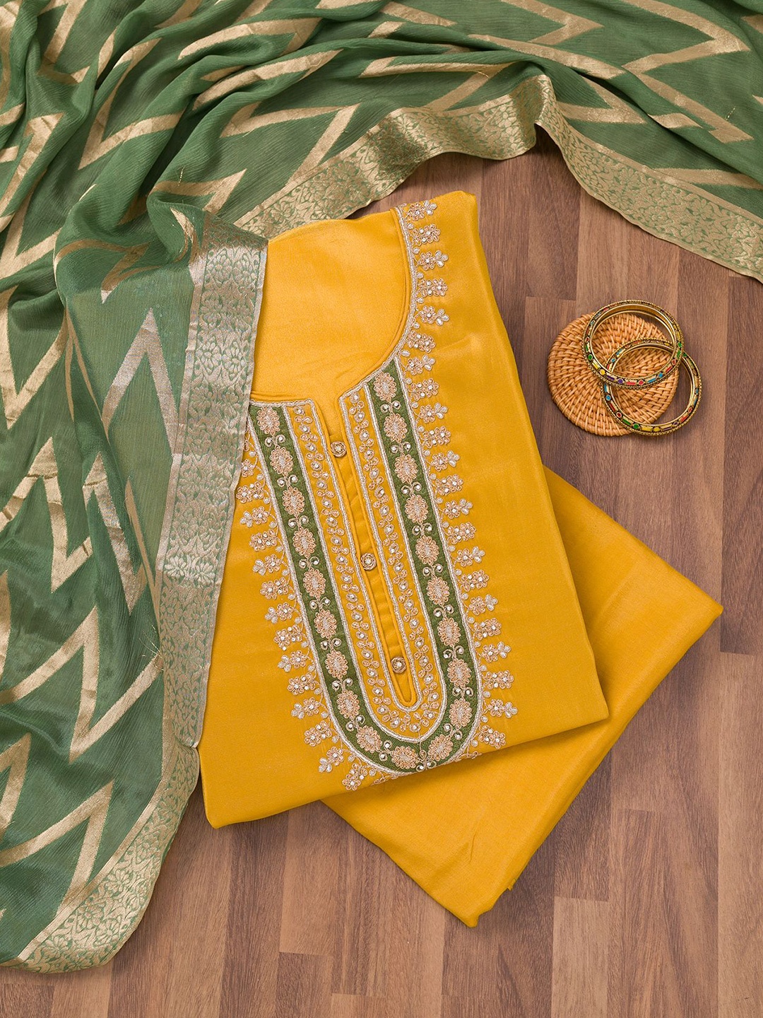 

Koskii Floral Embroidered Beads and Stones Unstitched Dress Material, Yellow