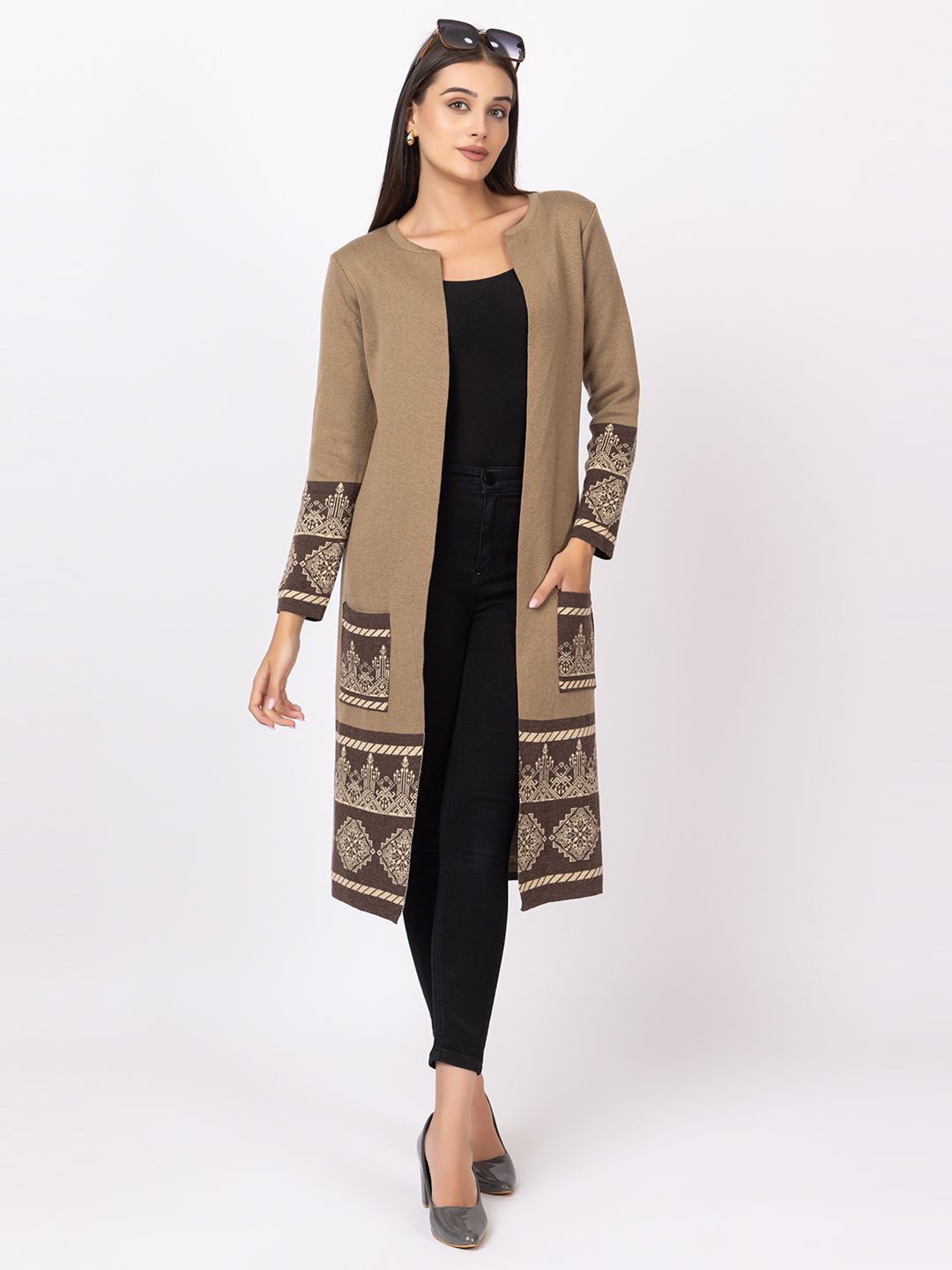 

Anouk Beige Ethnic Motifs Printed V-Neck Winter Open Front Longline Shrug