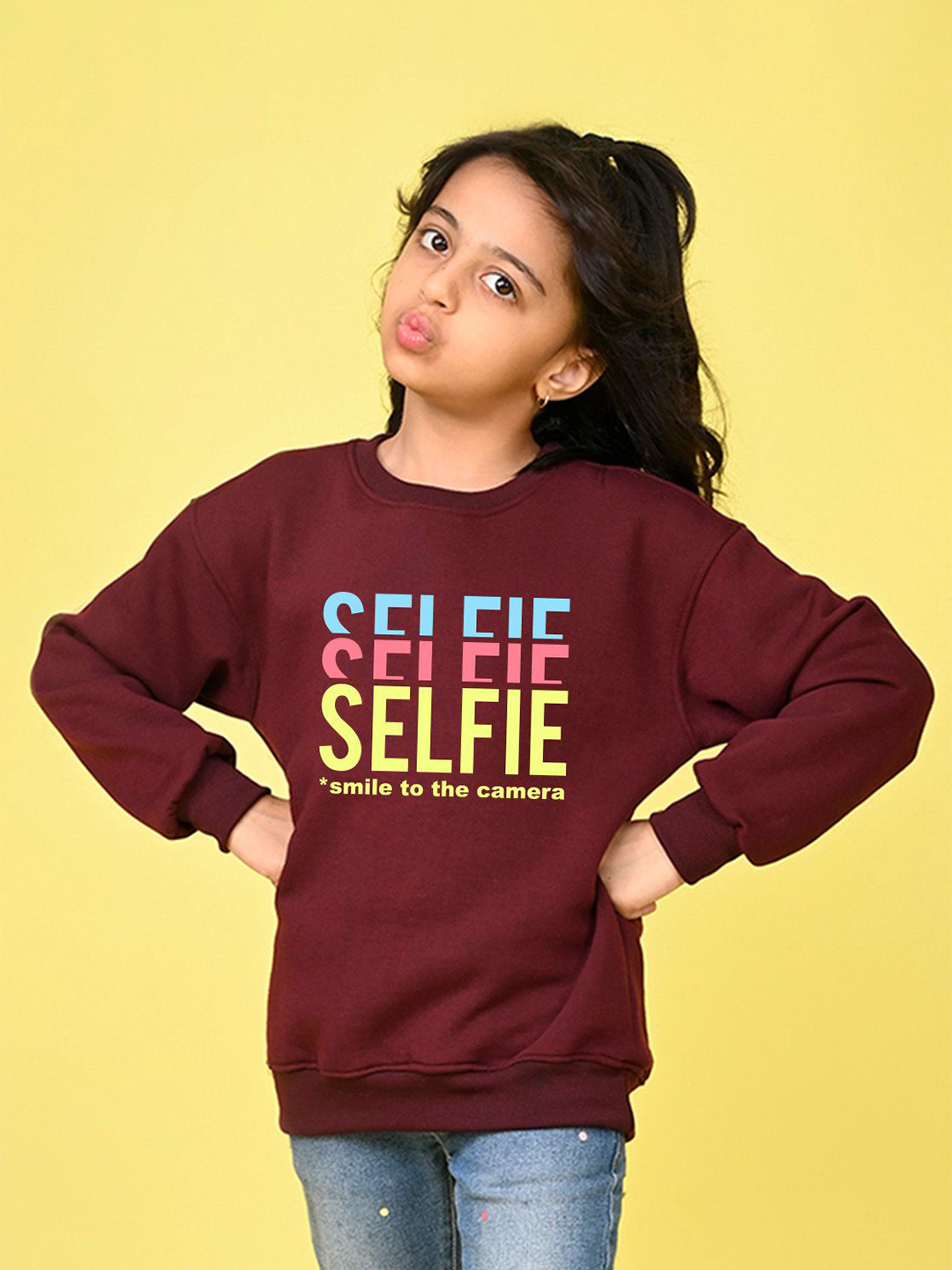 

NUSYL Girls Typography Printed Oversized Sweatshirt, Maroon