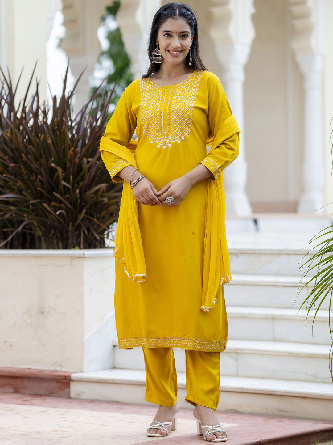 

mokshi Floral Embroidered Zari Work Straight Kurta With Trouser & Dupatta, Yellow