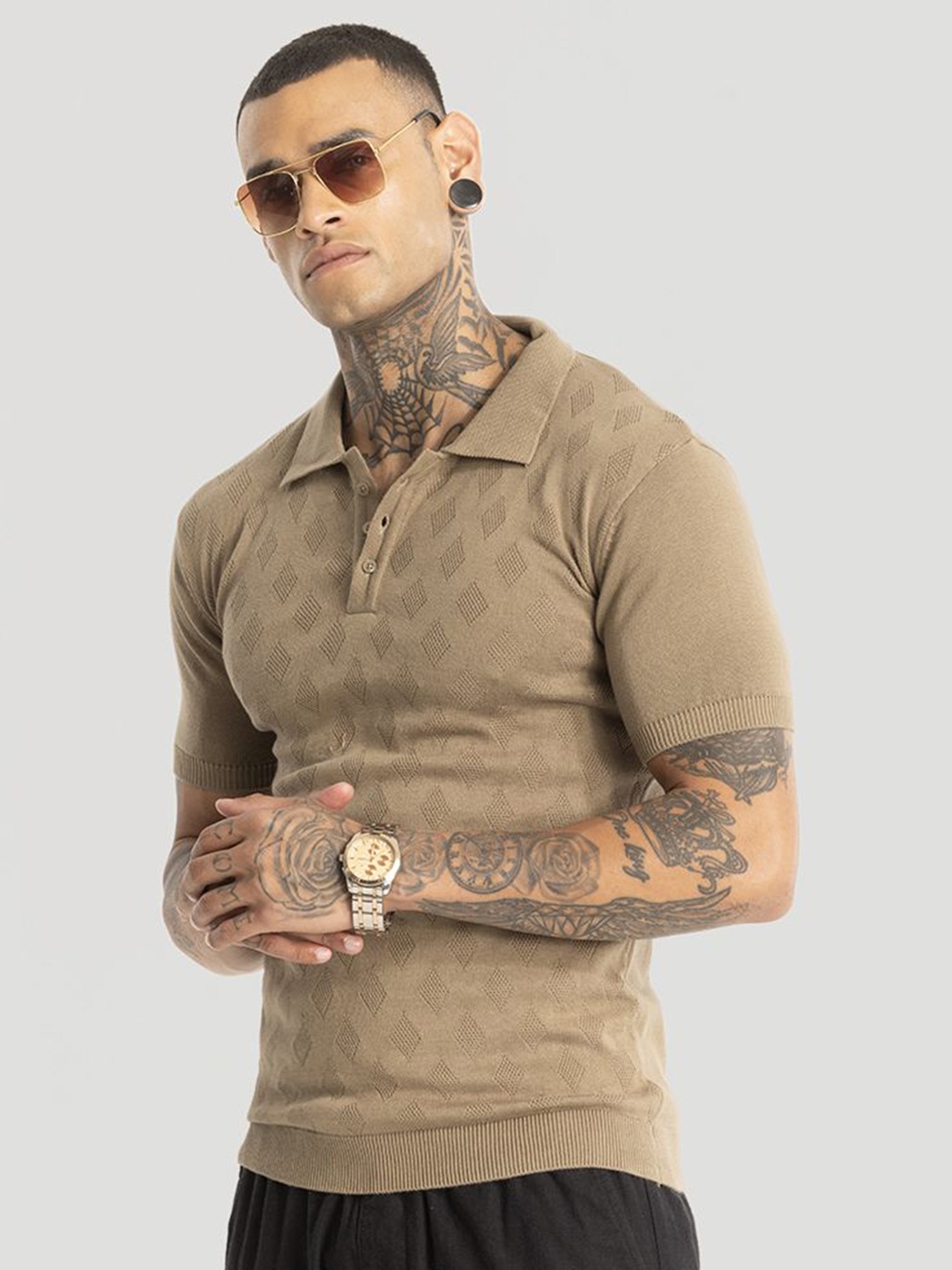 

Snitch Men Solid Polo Collar Cotton Slim Fit T-Shirt, Beige