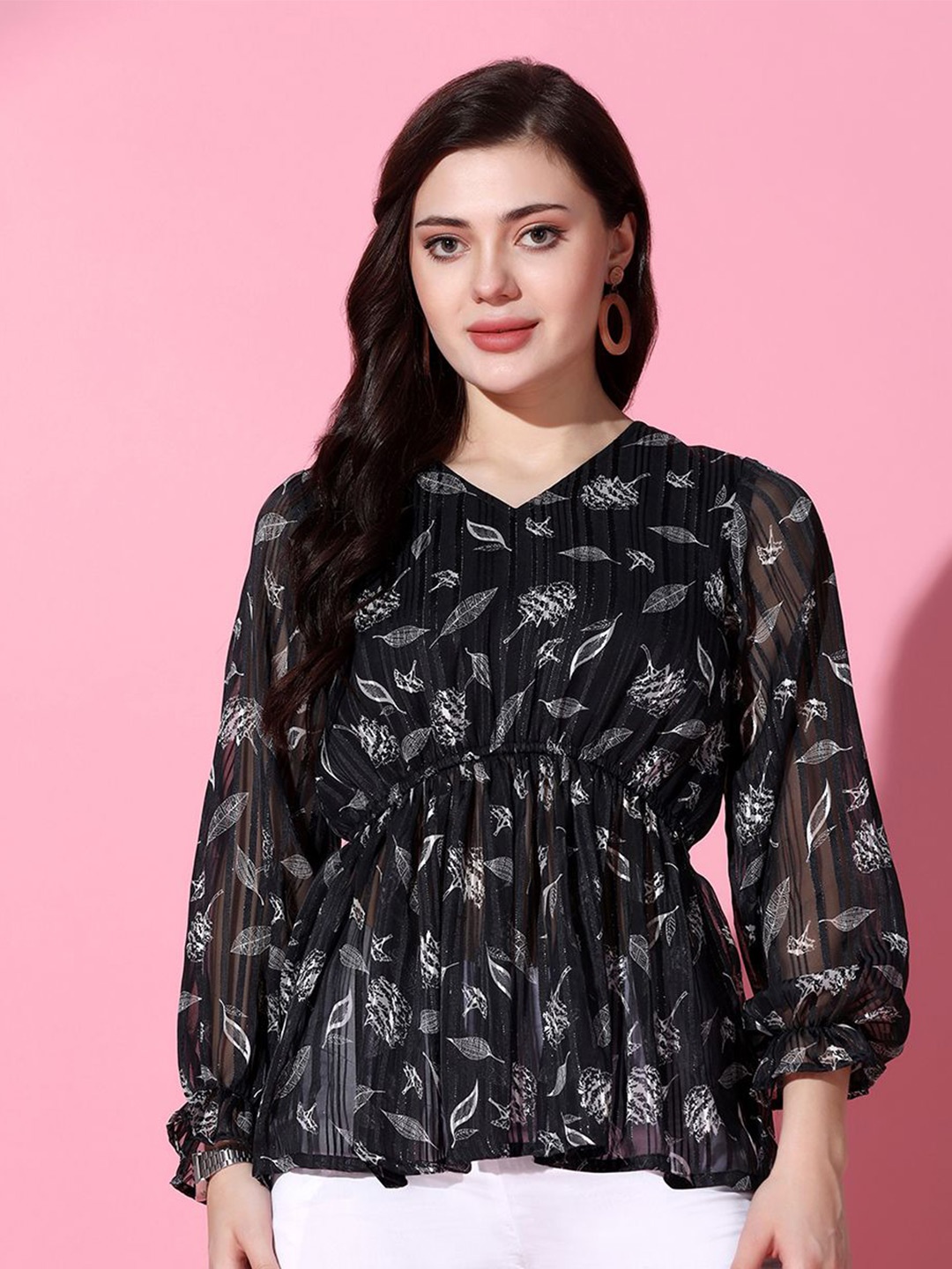 

BAESD Floral Print Puff Sleeve Georgette Top, Black