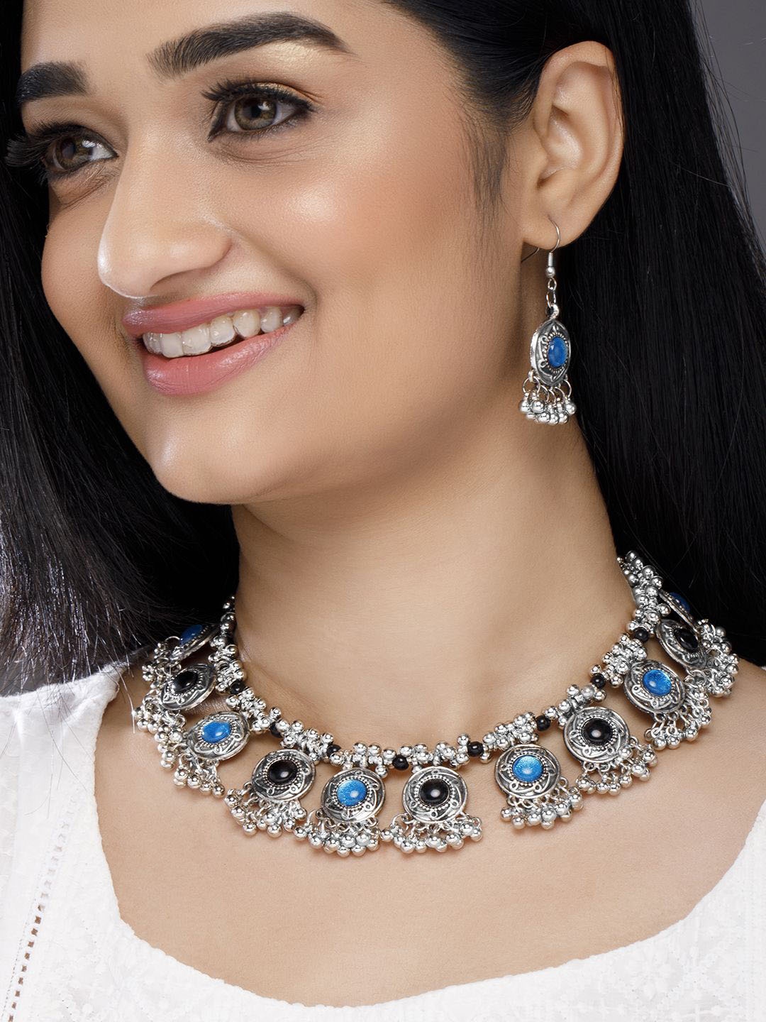 

Rubans Silver-Plated Oxidised Black Thread Necklace Set with Blue and Black Stone Accents