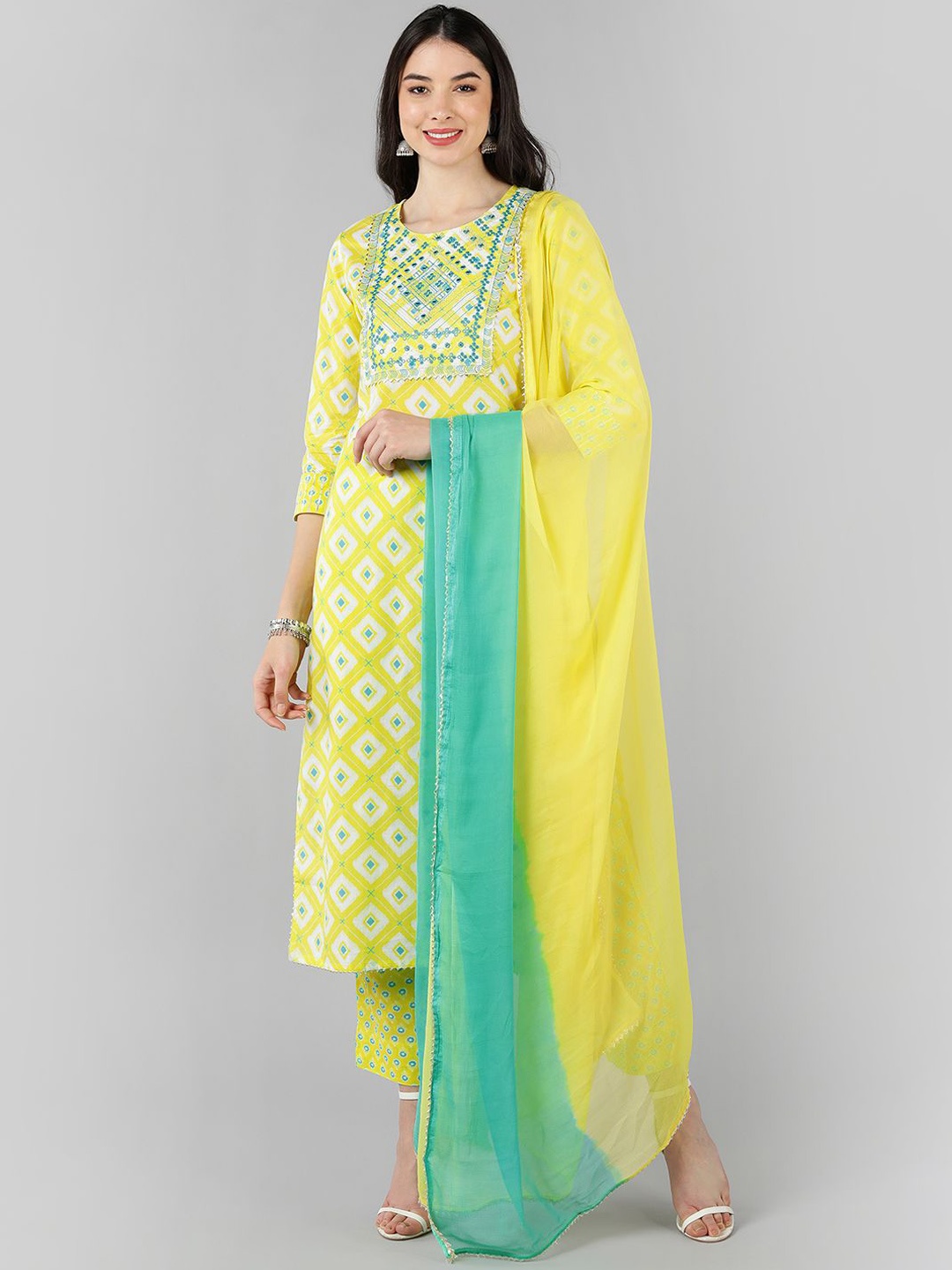 

KALINI Embroidered Mirror Work Pure Cotton Kurta with Trousers & Dupatta, Yellow