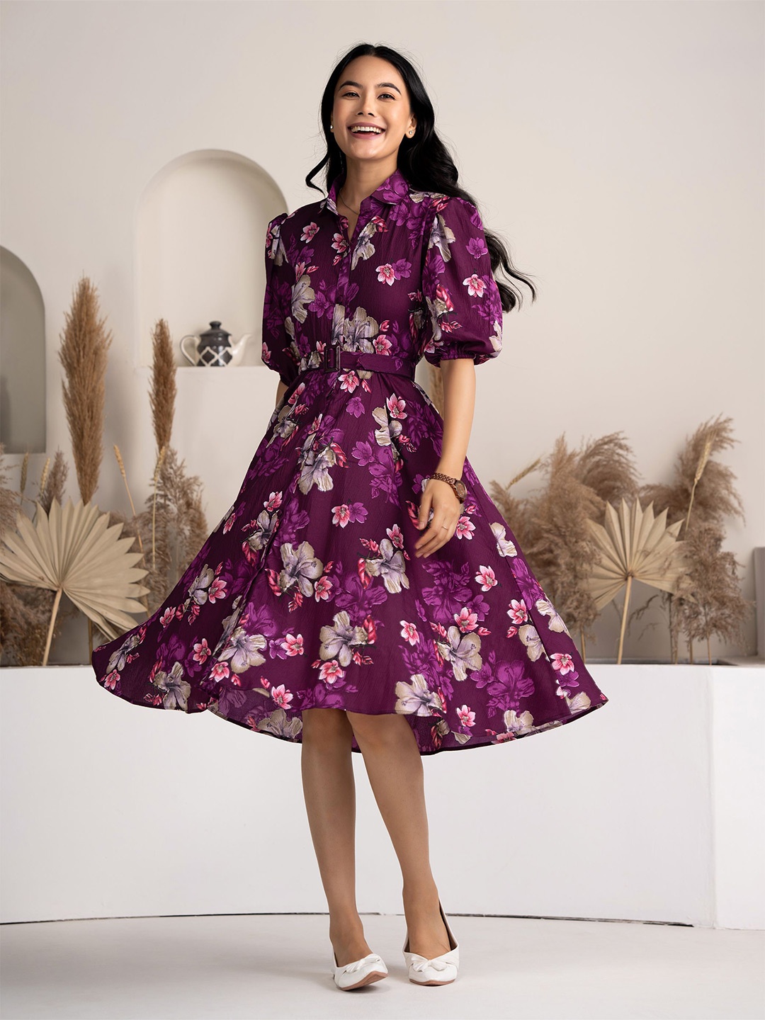 

DressBerry Puff Sleeve Fit & Flare Floral Dress, Purple