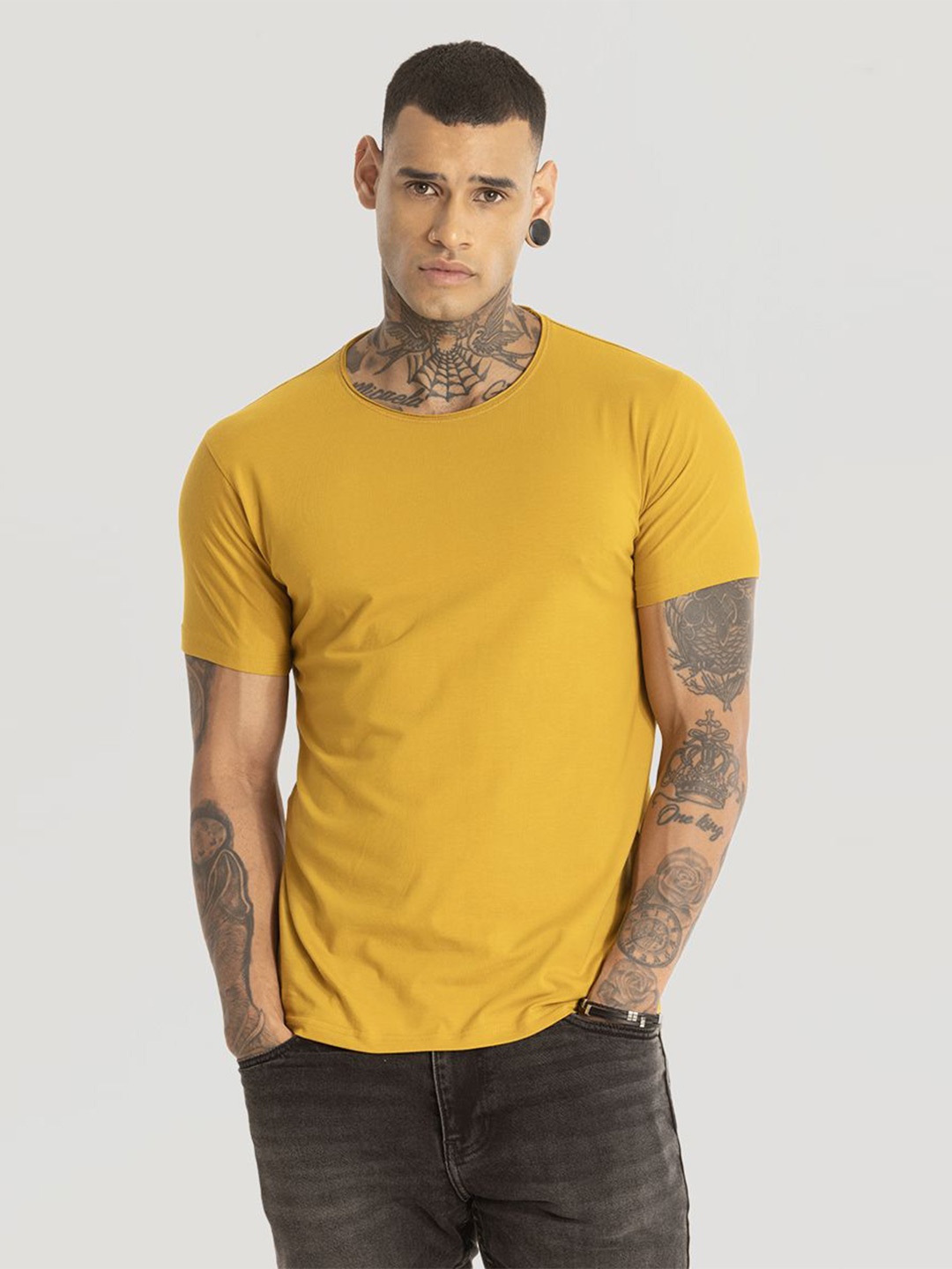 

Snitch Men Solid Round Neck Cotton Slim Fit T-Shirt, Yellow