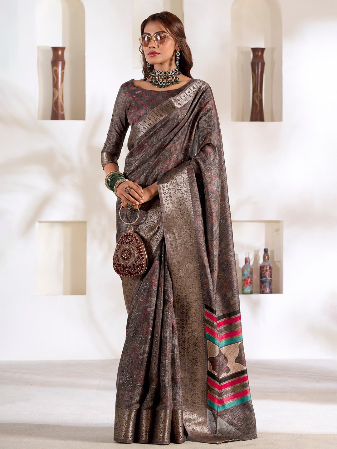 

My Silk Love Ethnic Motifs Zari Silk Blend Saree, Brown