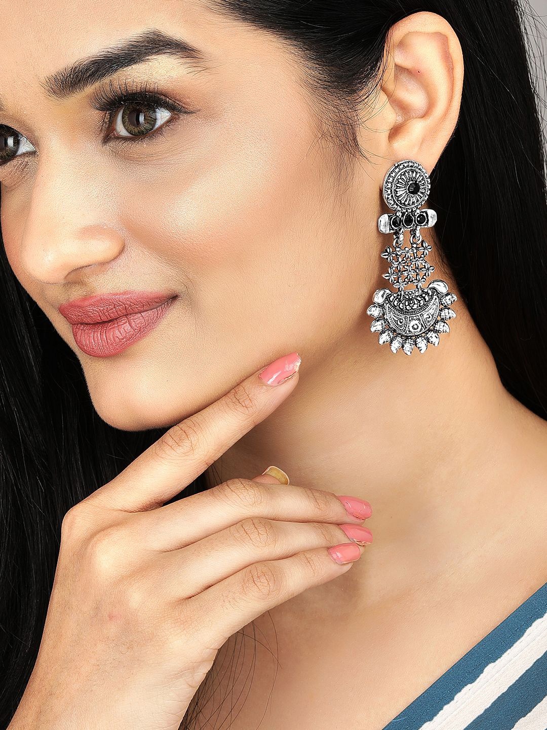 

Rubans Silver-Plated Stone Studded Oxidised Drop Earrings