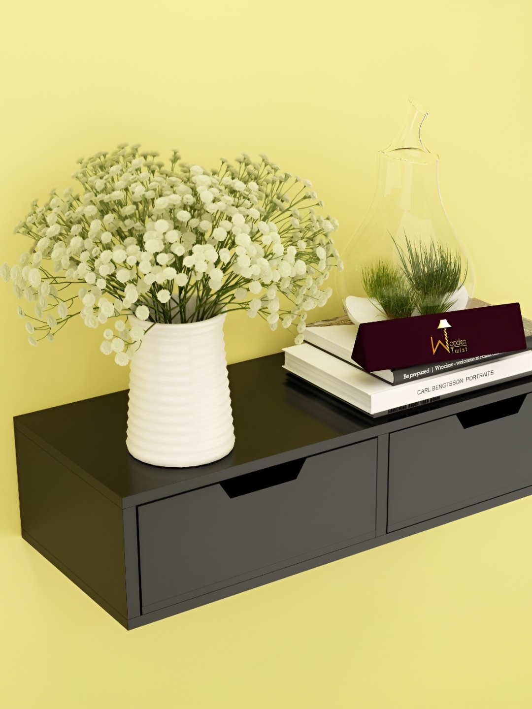 

Wooden Twist Black Wall Shelf with Drawer