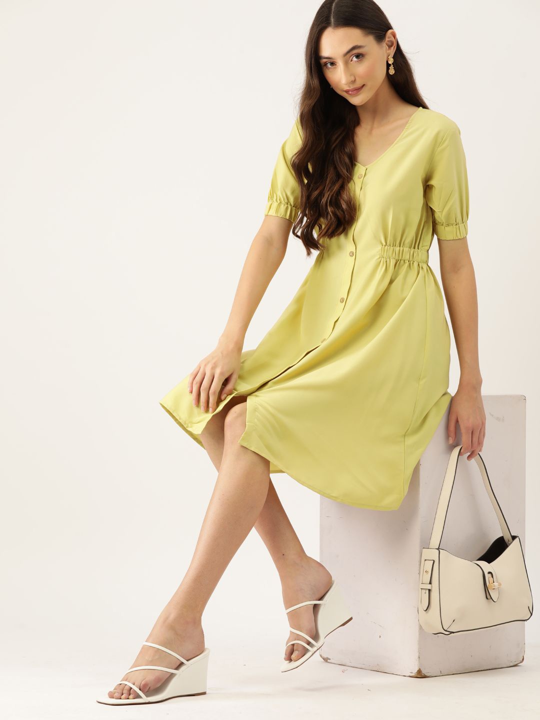 

DressBerry Women Puff Sleeve Fit & Flare Dress, Green